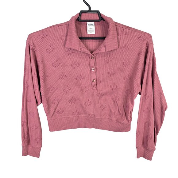 Womens Victorias Secret Pink Ribbed Cropped Top Collared Long Sleeve Polyester M - Picture 1 of 7